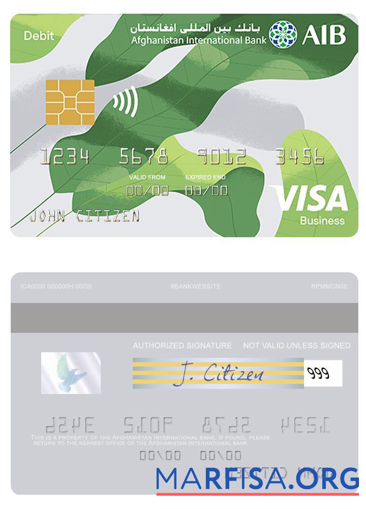 Realistic Afghanistan international bank visa business debit card example